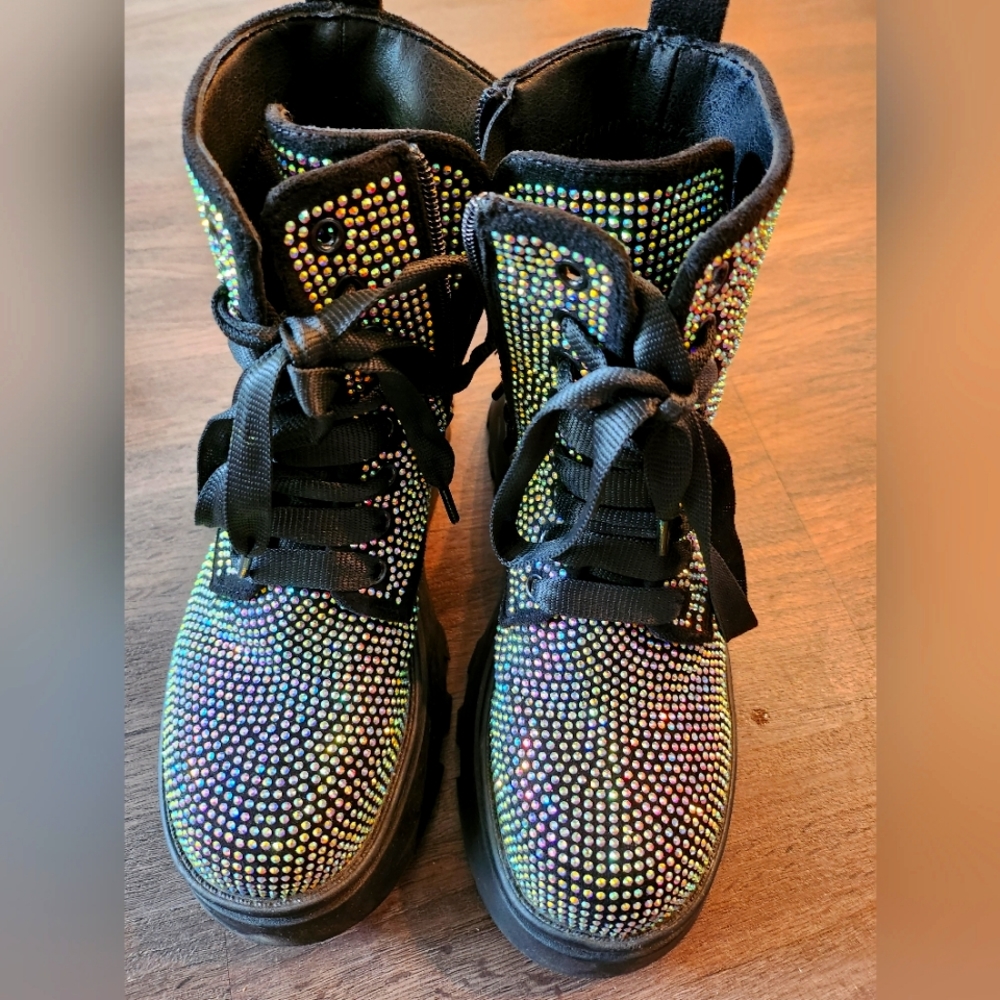 Bling bling black combat boots with side zip women size 6.5